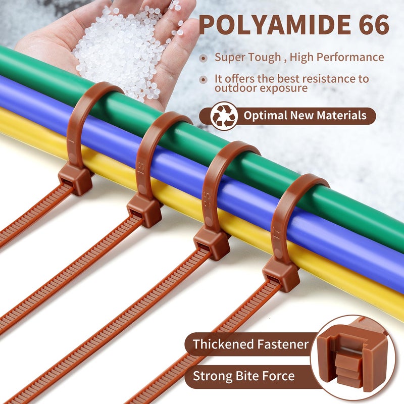 Idemeet Pa66 Cable Zip Ties, Fence Ties, 200Pcs 12+10+8+4 Inch Heavy Duty With 22-55Lb Strength, Self-Locking Nylon Wire Ties For Farming Fence Garden Trellis, Brown - Image 2